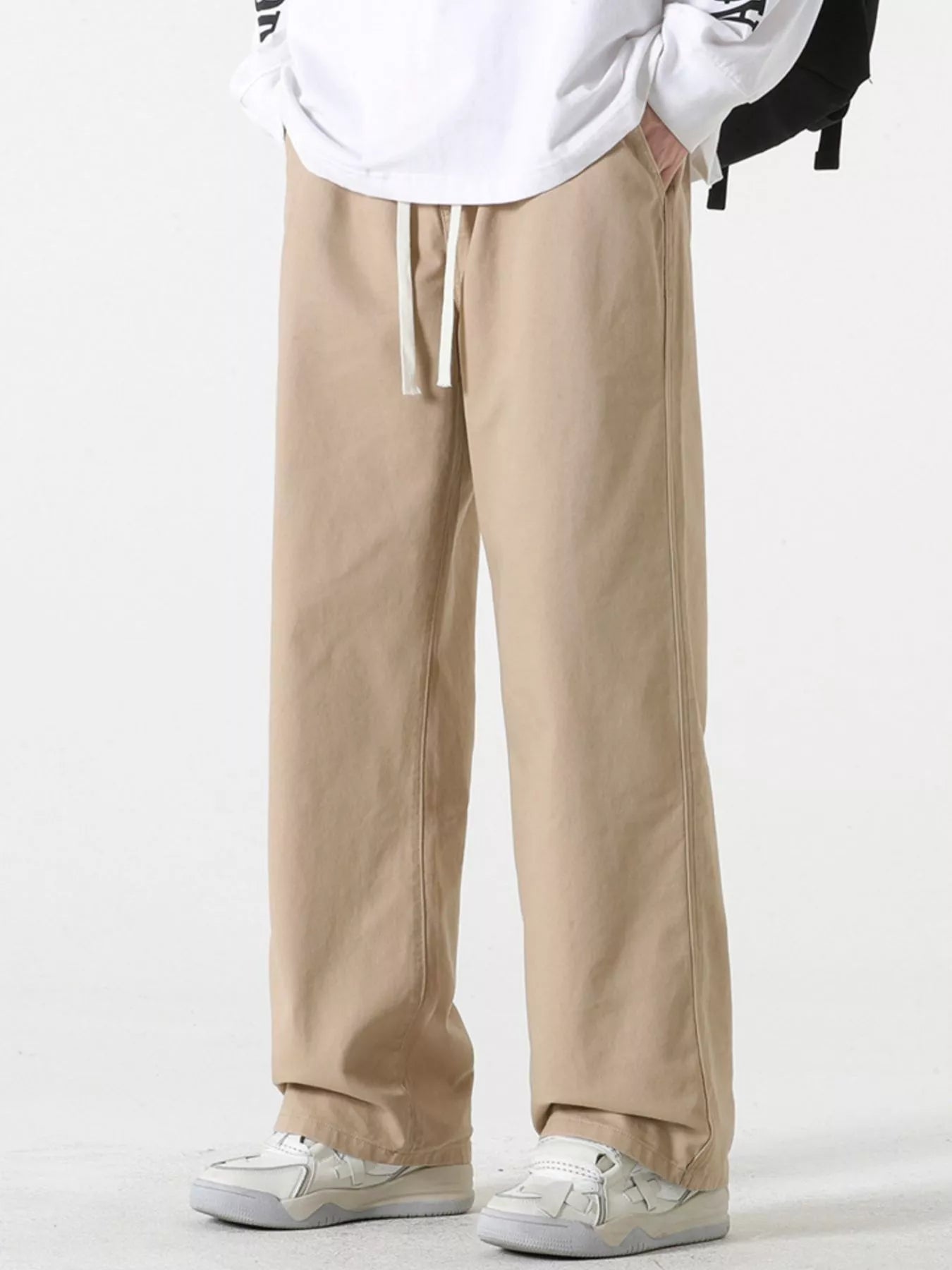 Relaxed Fit Drawstring Pants Plus Size in Black for Men