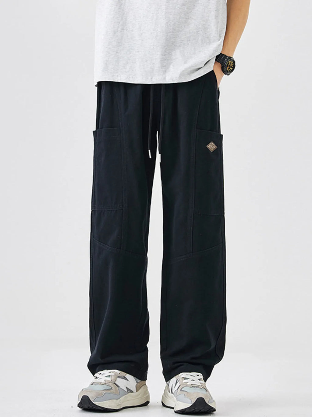 Plus Size Casual Wide-Leg Drawstring Pants in Black for Men