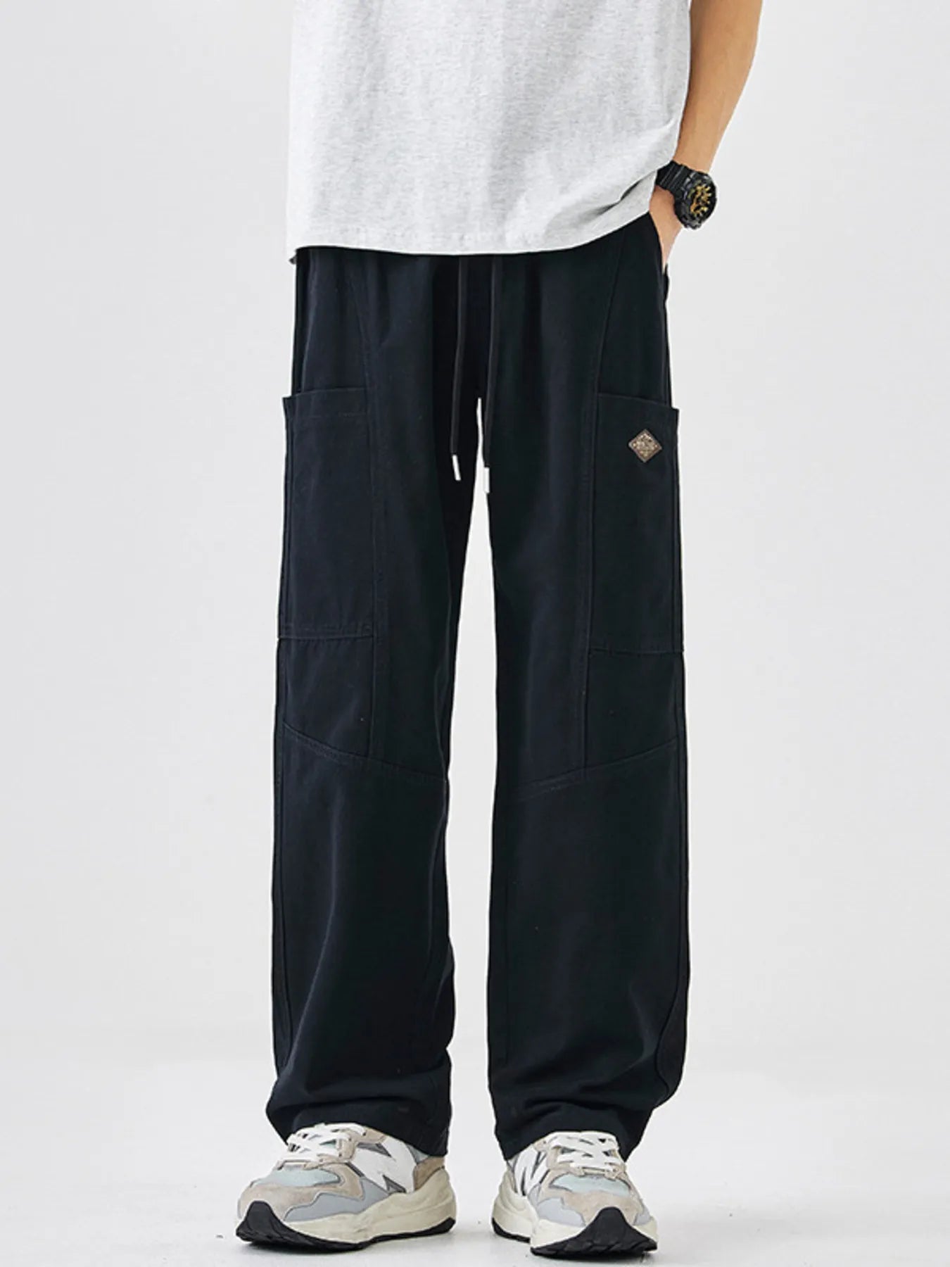 Plus Size Casual Wide-Leg Drawstring Pants in Black for Men