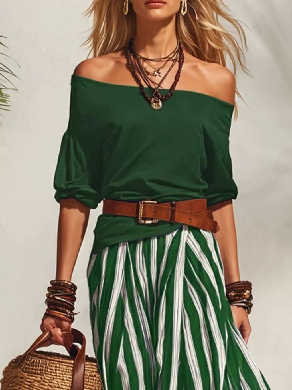 Off Shoulder Top and Striped Maxi Skirt Set in Black for Women