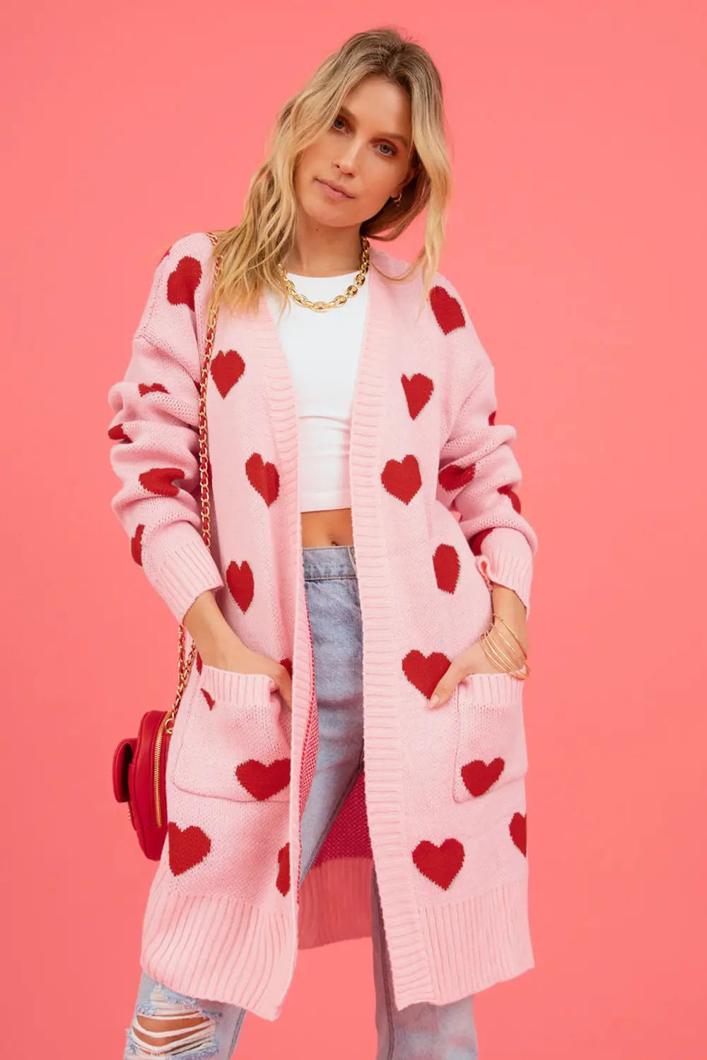Heart Graphic Open Front Cardigan with Pockets for Women