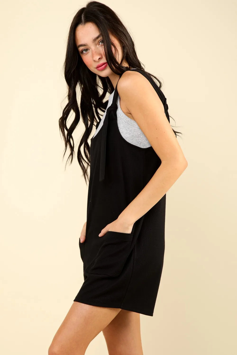 Tie Shoulder Front Pocket Romper in Black for Women