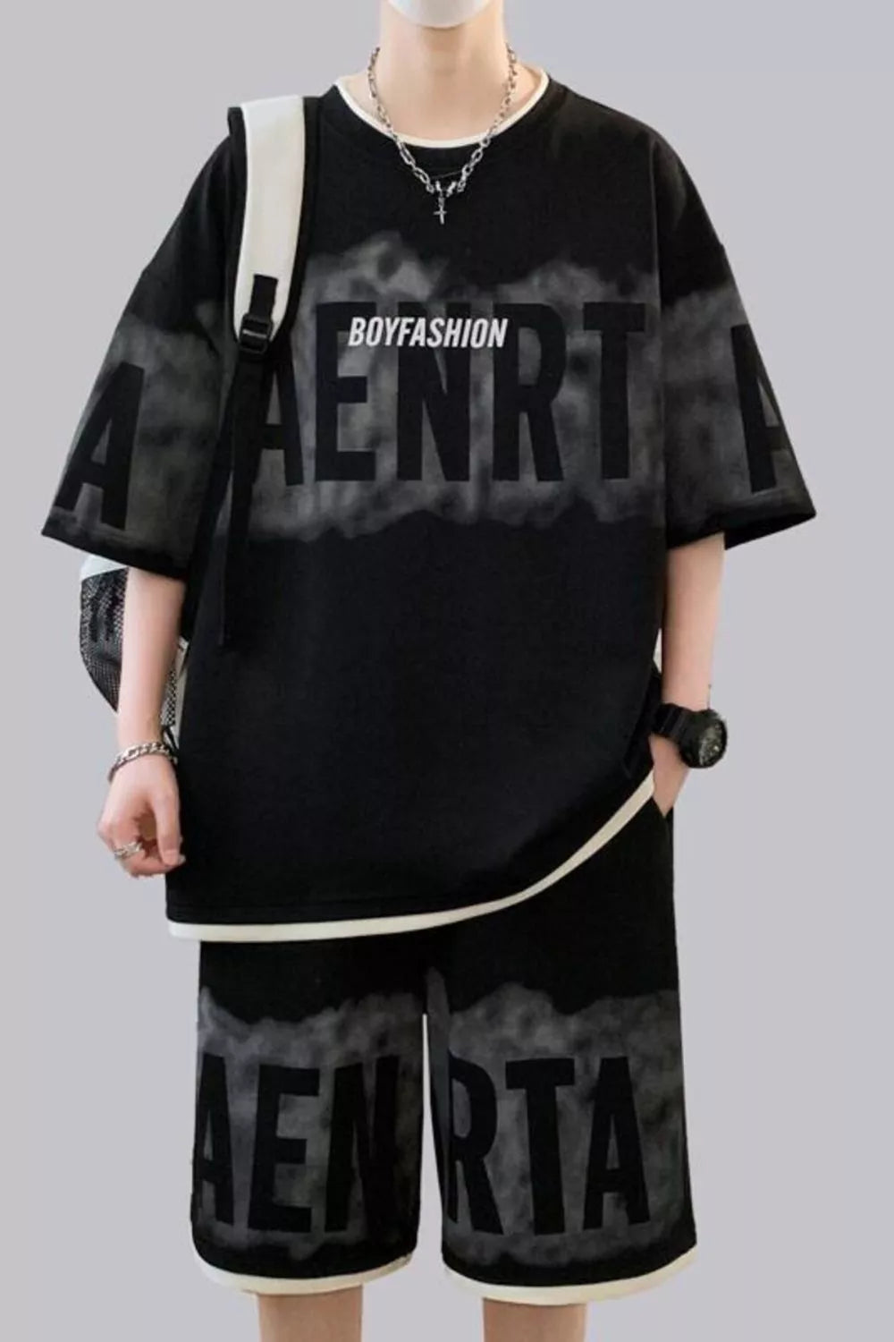 Plus Size Letter Round Neck Tee and Shorts Set in Light Green for Men