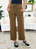 Drawstring Waist Wide Leg Sports Pants with Pockets in Brown for Women