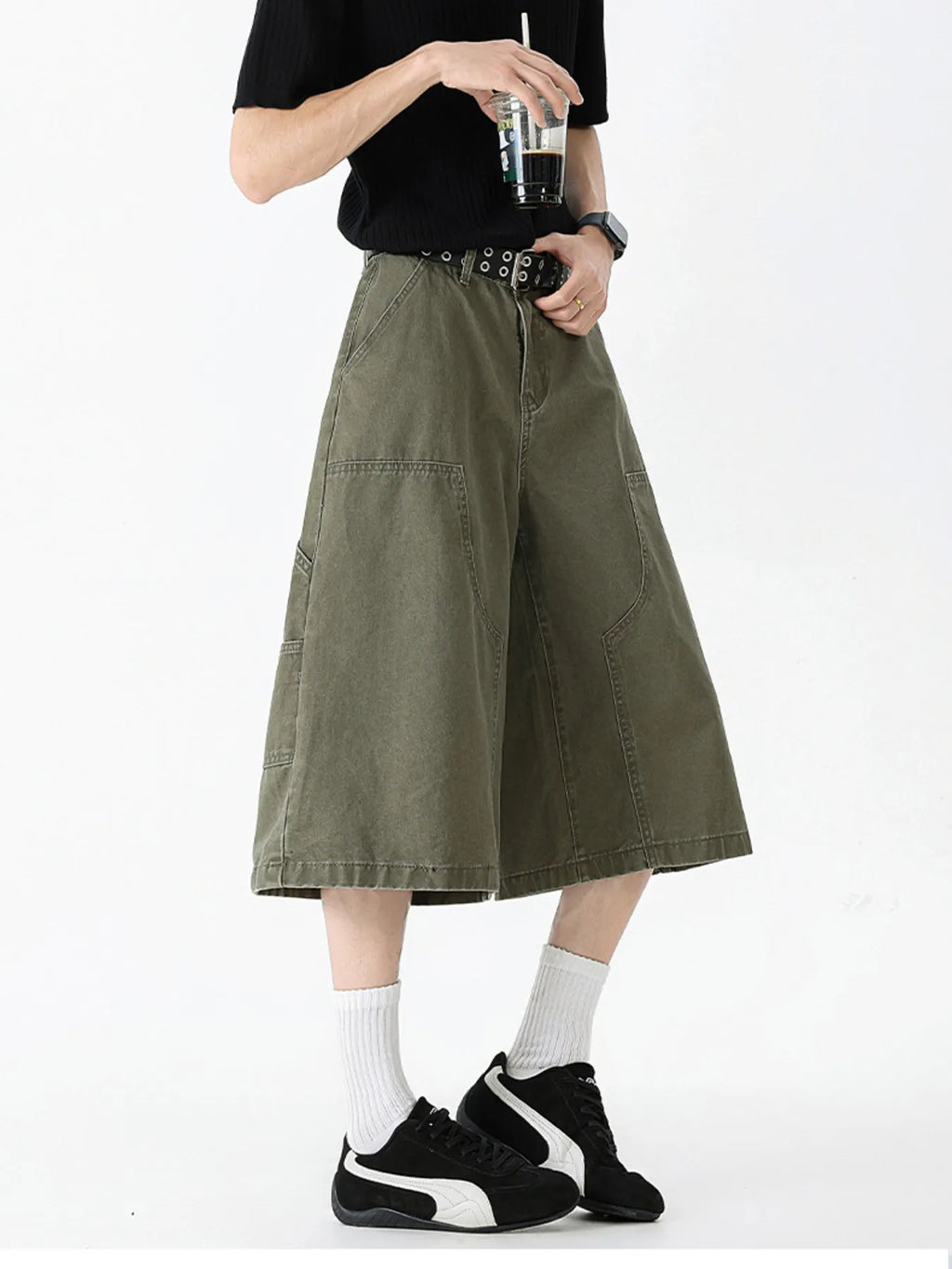 Wide Leg Cargo Denim Shorts Plus Size in Military Green for Men