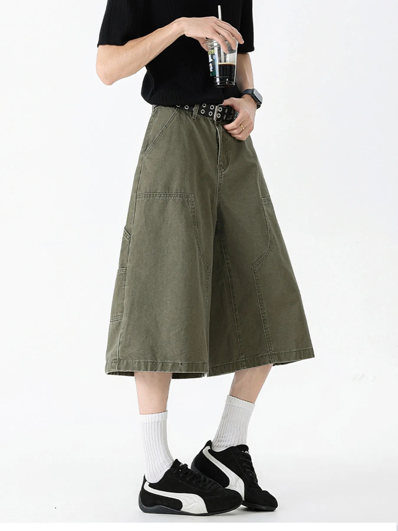 Wide Leg Cargo Denim Shorts Plus Size in Military Green for Men