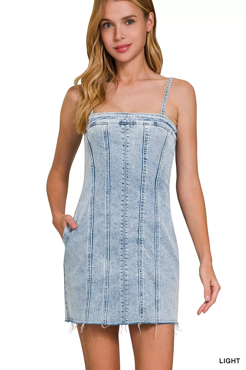 Spaghetti Strap Exposed Seam Light-Wash Dress for Women