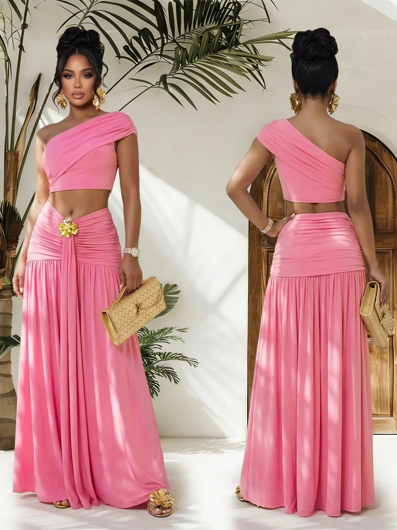 One-Shoulder Top and Ruched Maxi Skirt Set in Black for Women