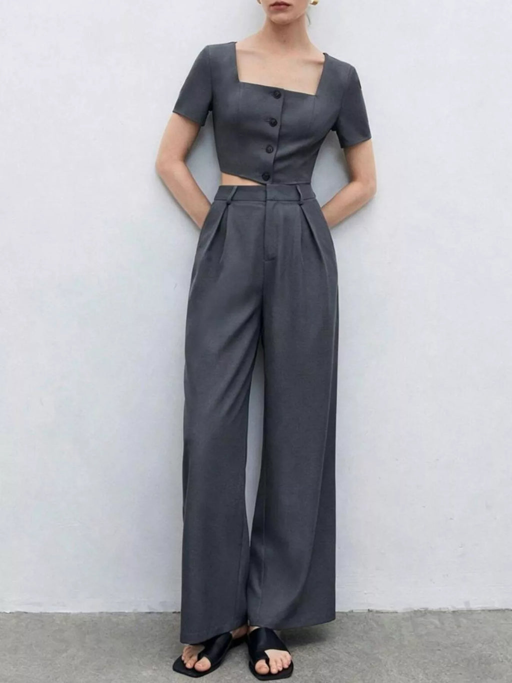Square Neck Crop Top and Wide Leg Pants Set in Dark Gray for Women