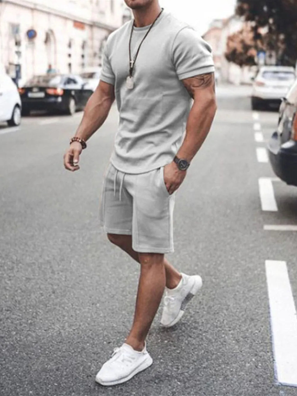 Plus Size Round Neck Short Sleeve Top and Shorts Set in White for Men