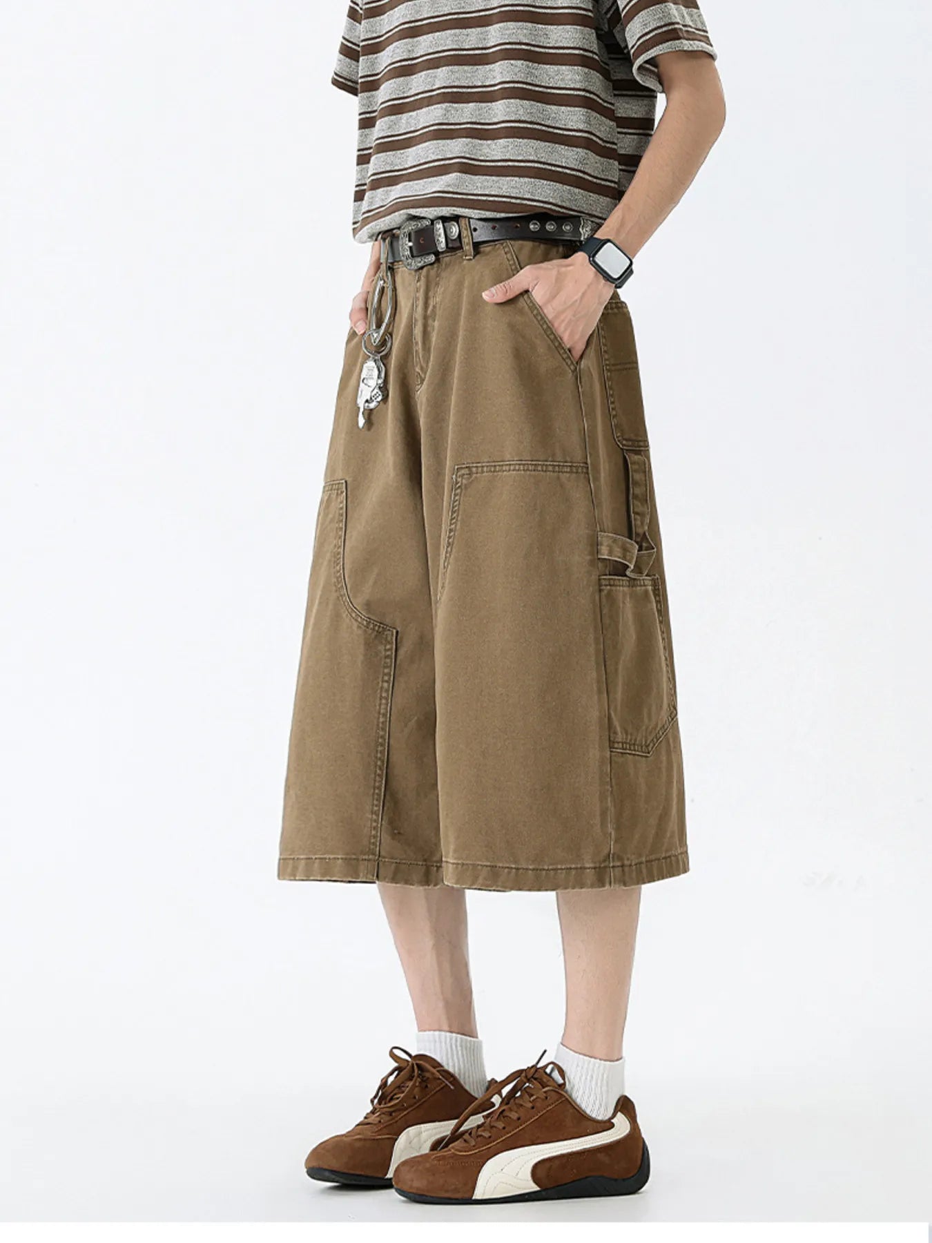 Wide Leg Cargo Denim Shorts Plus Size in Off-White for Men