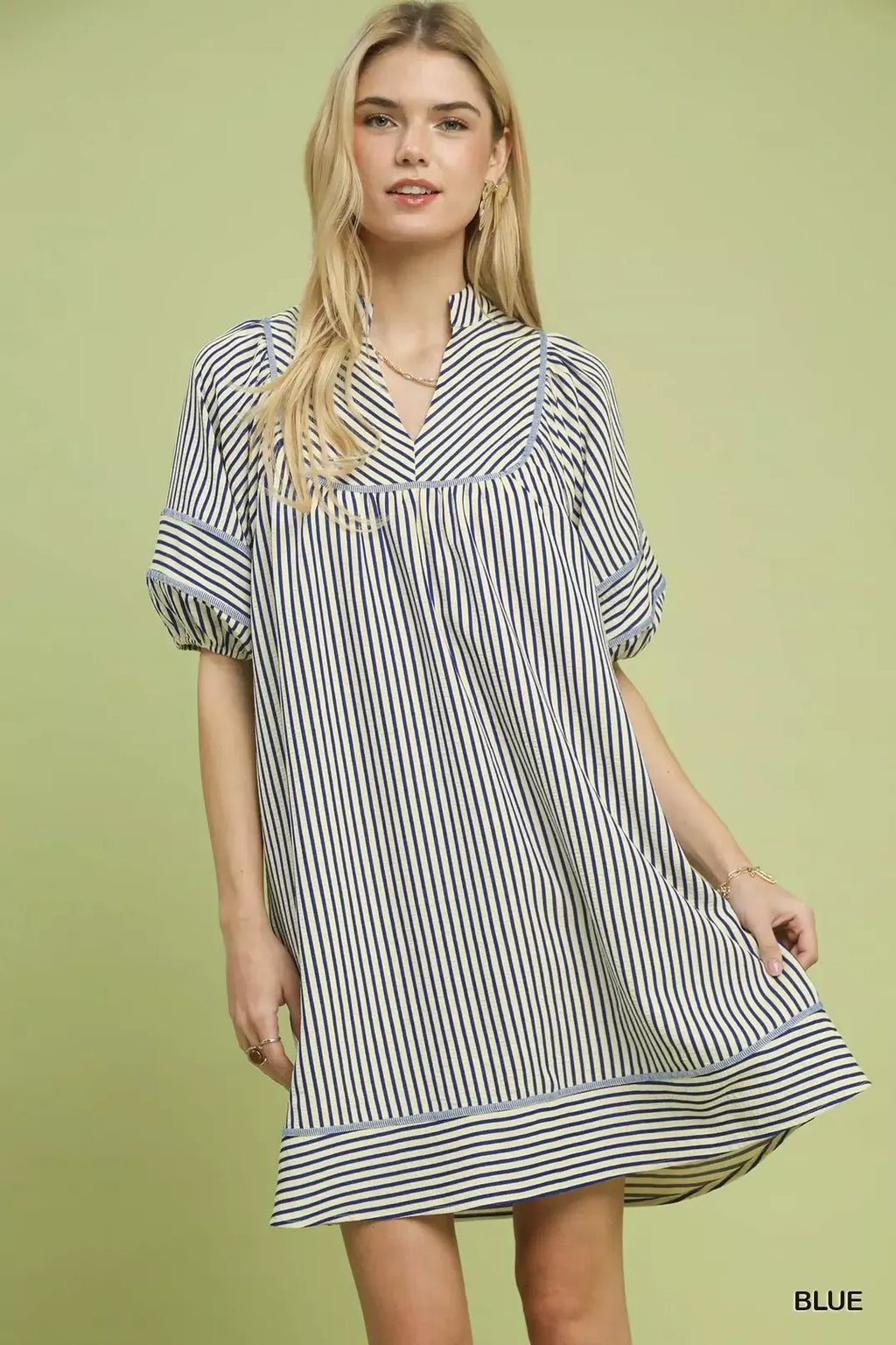 Striped Puff Sleeve Shift Dress in Blue for Women