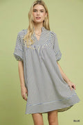 Striped Puff Sleeve Shift Dress in Blue for Women