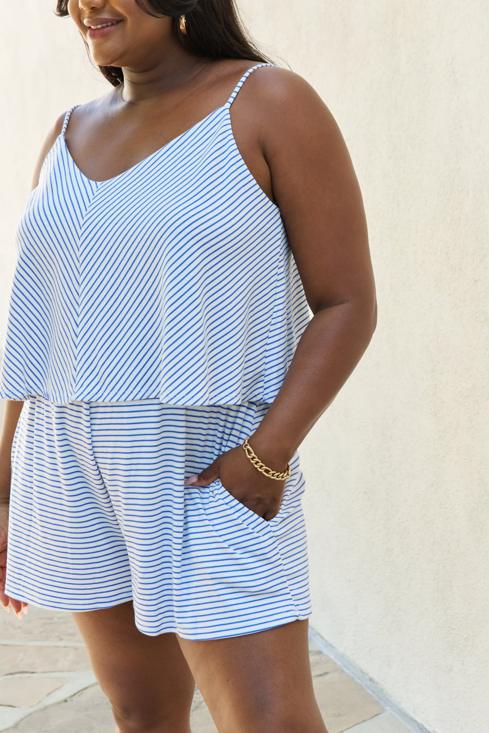 Let It Happen Plus Size Double Flare Striped Romper in Cobalt Blue in Stripe for Women