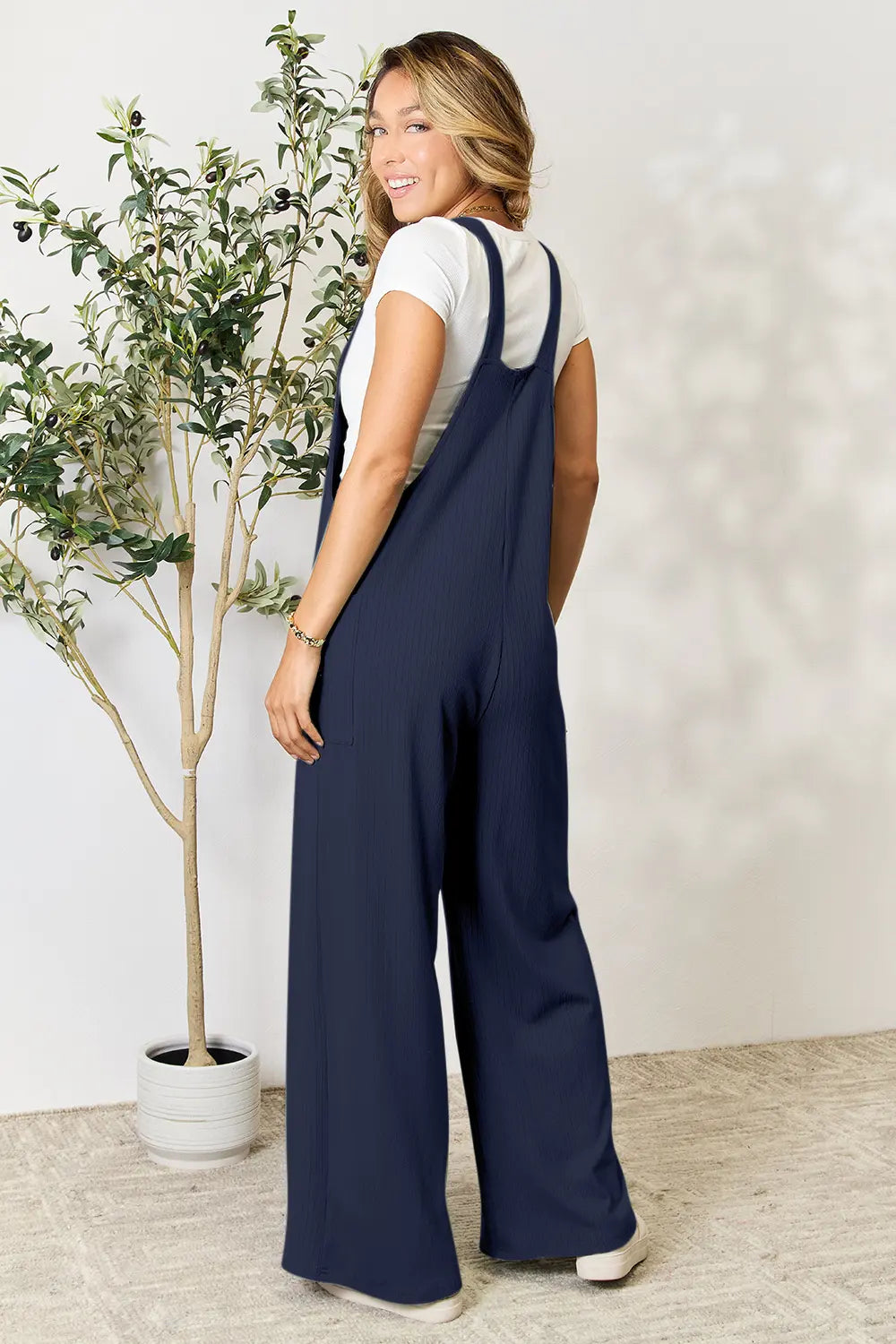 Plus Size Wide Strap Overall with Pockets in Dark Navy for Women