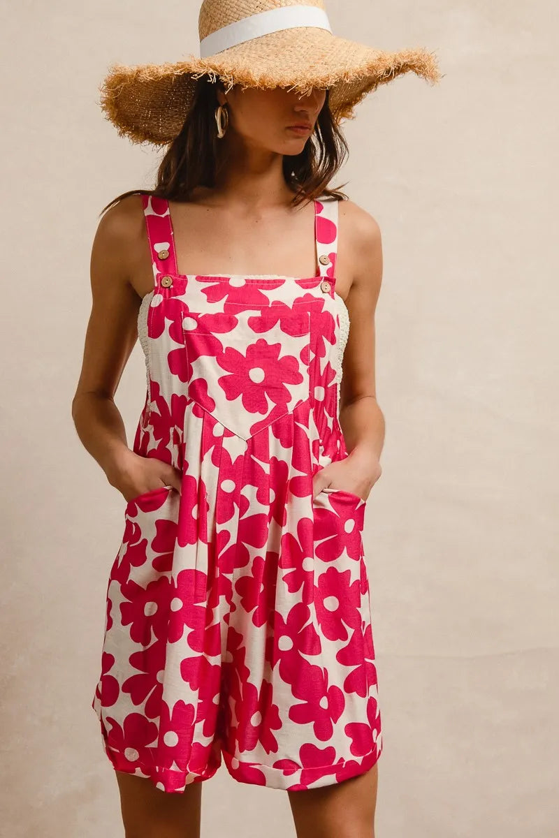 Floral Prints Tuck Detail Short Overall with Pockets in Fuchsia for Women