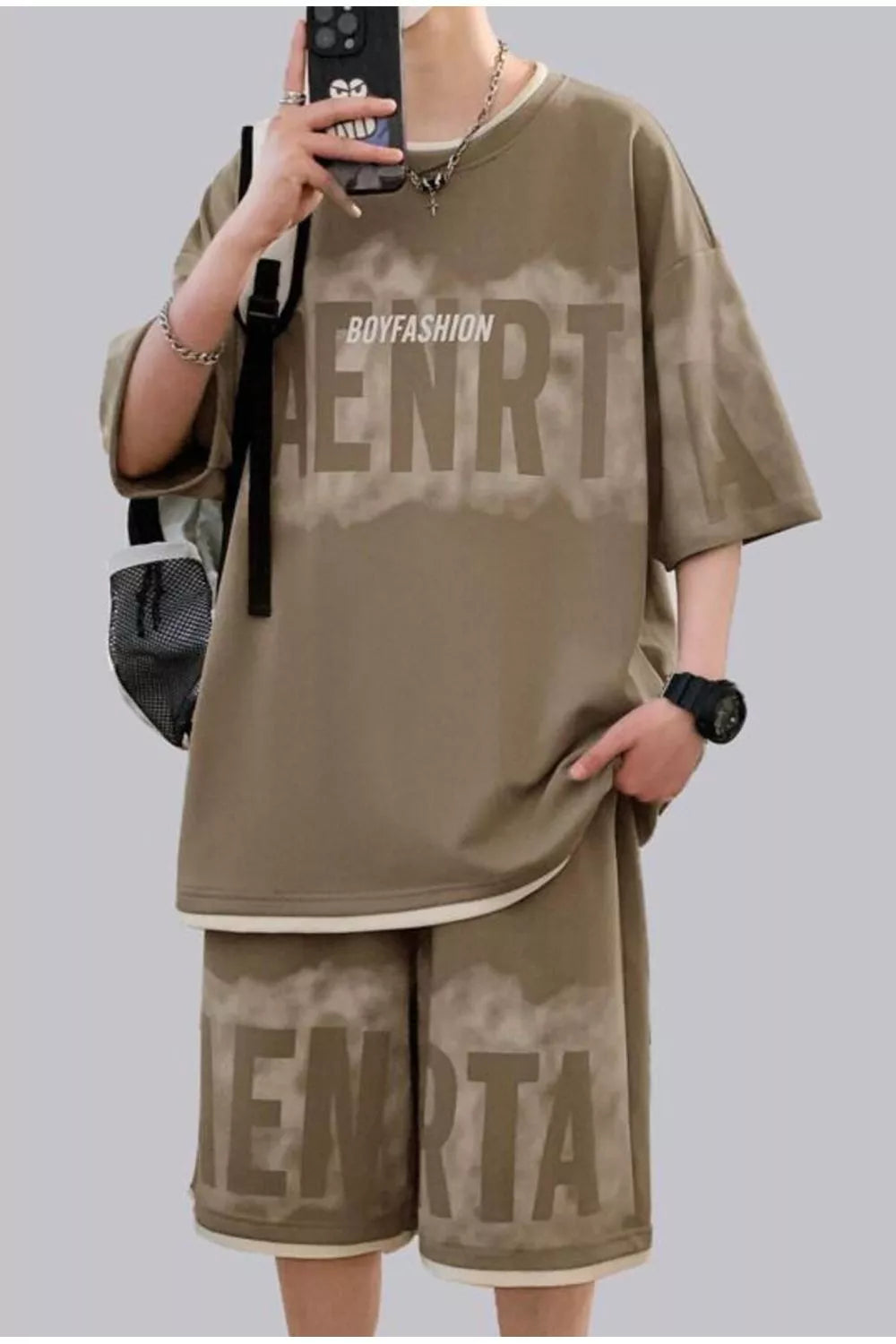 Plus Size Letter Round Neck Tee and Shorts Set in Light Green for Men