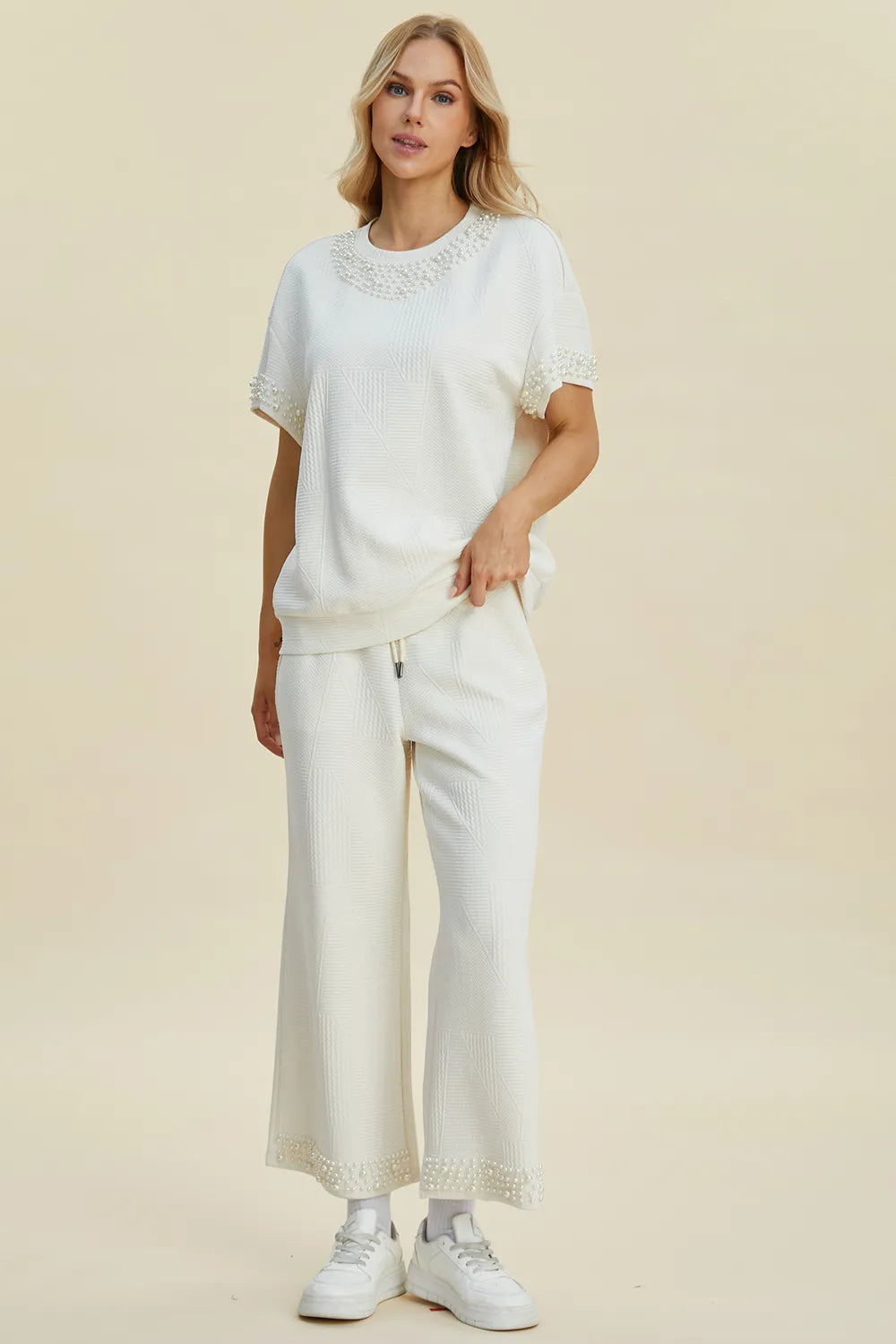 Plus Size Pearl Detail Round Neck Top and Pants Set in Black for Women