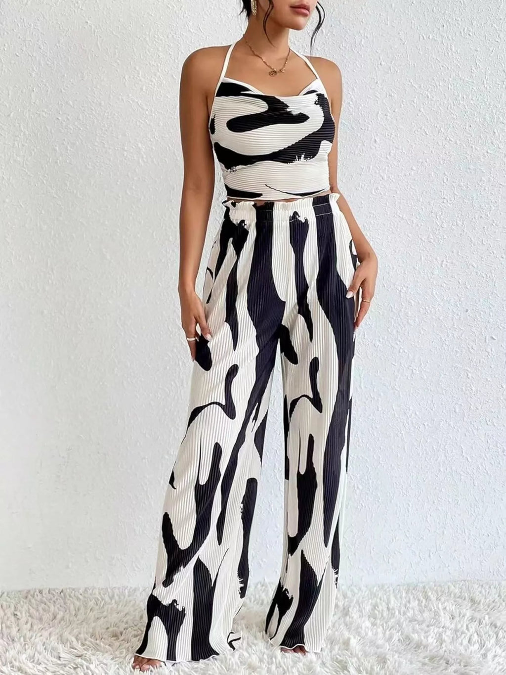 Abstract Print Halter Neck Crop Top and Wide Leg Pants Set in Black for Women