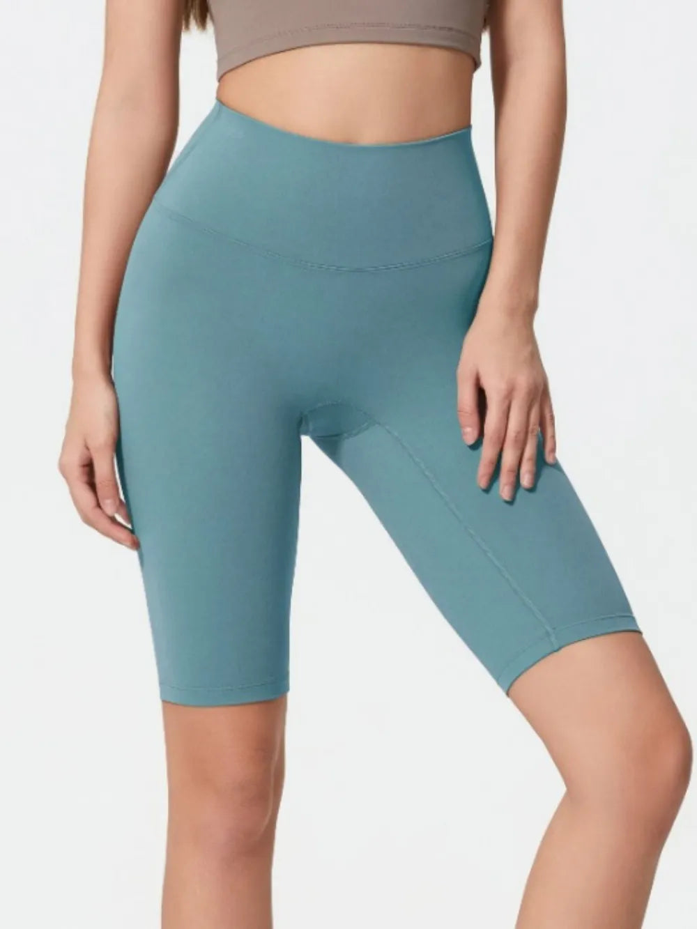 High Rise Wide Waistband Active Shorts in Dark Gray in Teal for Women