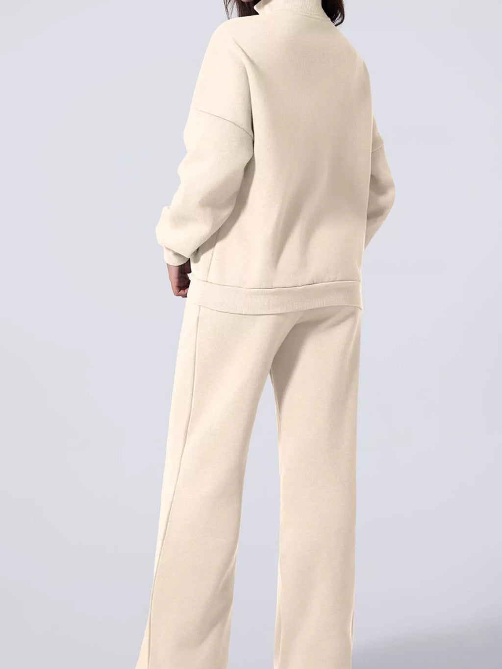 Drop Shoulder Zip Up Jacket and Drawstring Pants Active 2pcs Set in Beige for Women