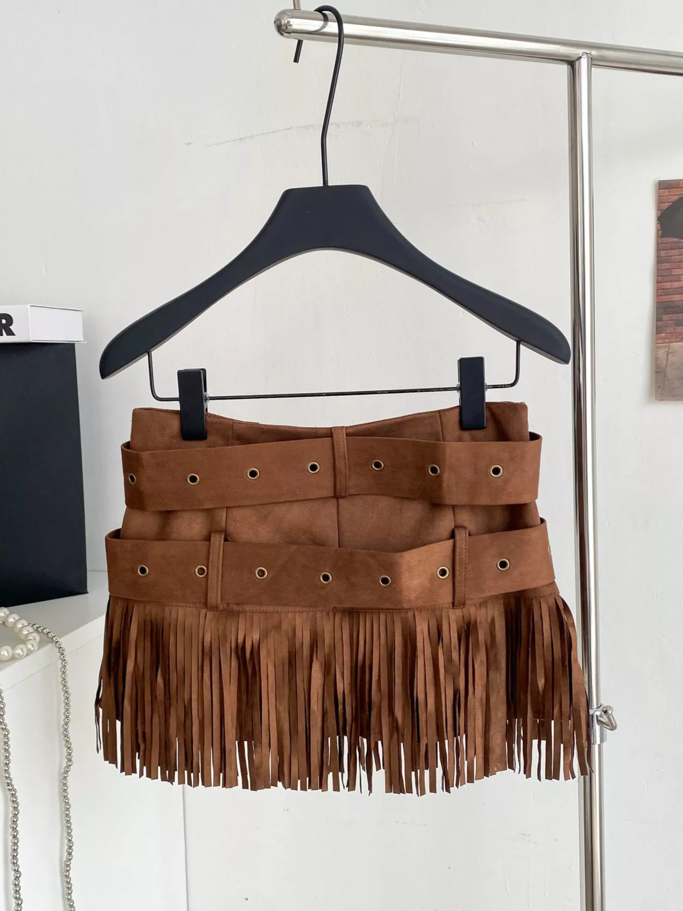 Fringe Belted Mini Skirt in Khaki for Women