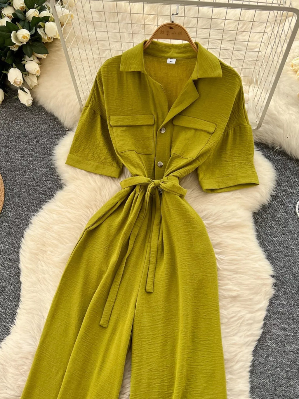 Pink Tie Waist Wide Leg Jumpsuit for Women