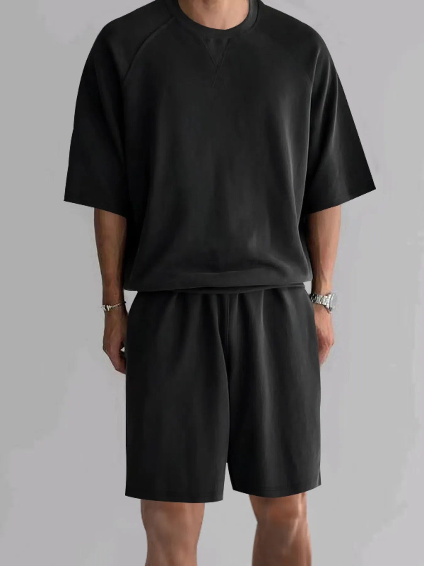 Round Neck Top and Shorts Set Plus Size in Black for Men