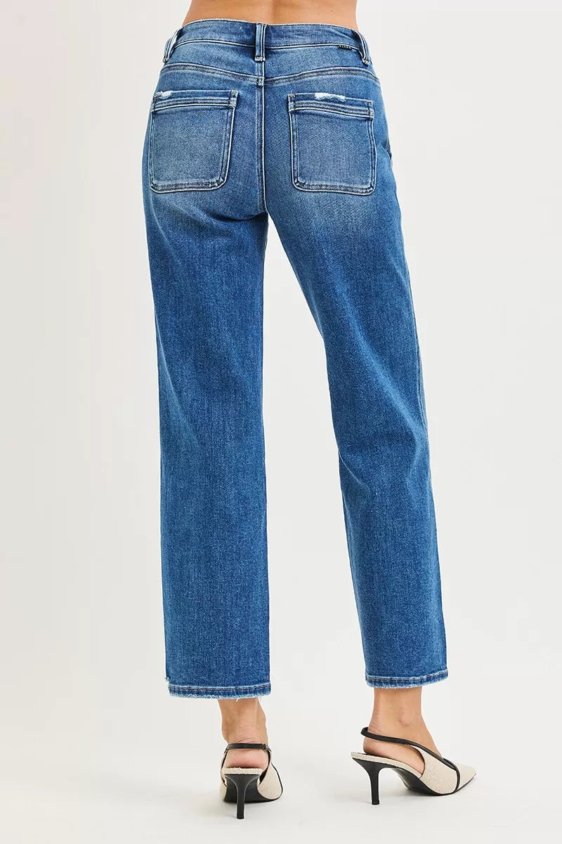 High Rise Ankle Straight Distressed Hem Detail Jeans in Dark for Women