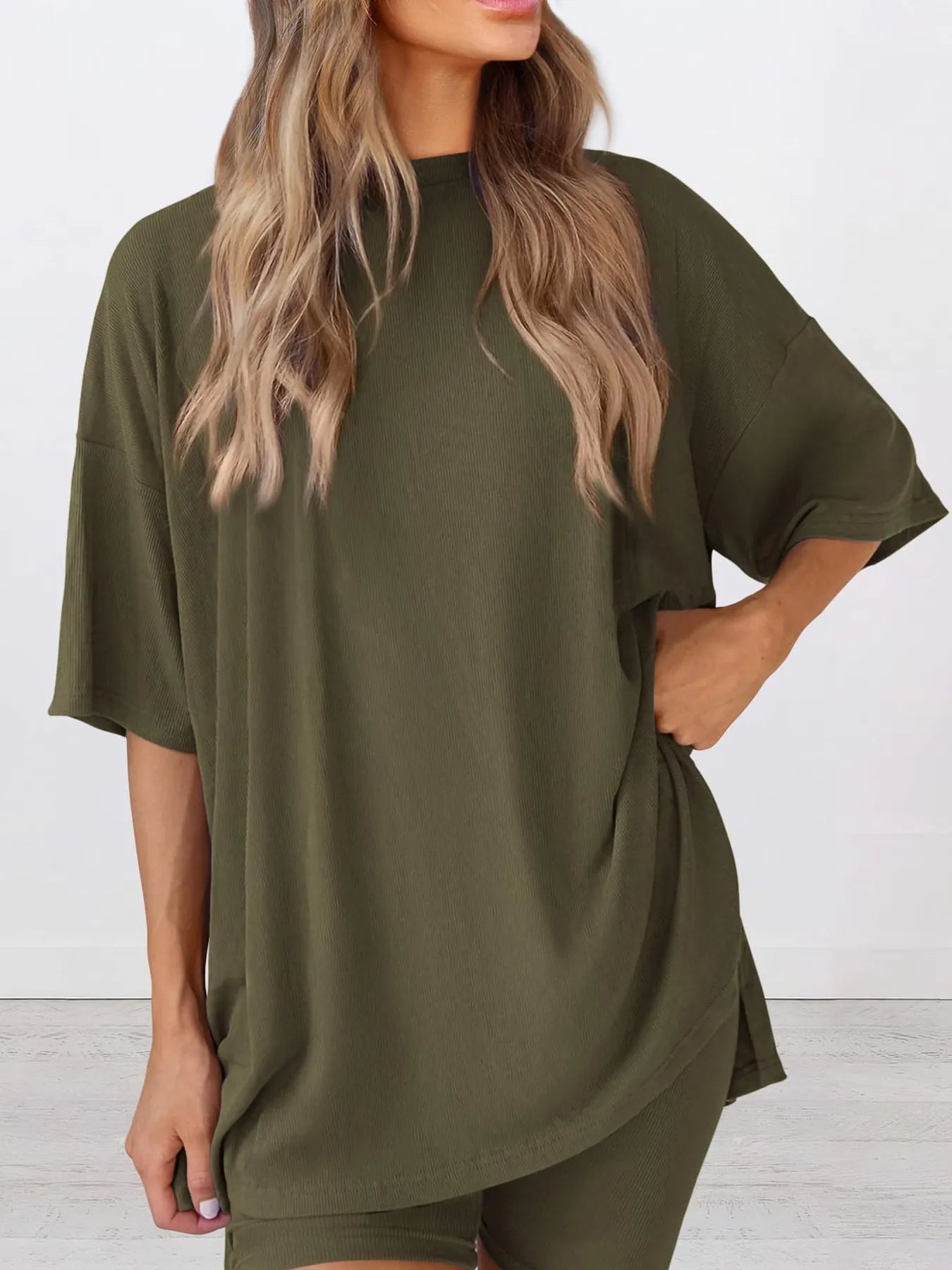 Oversized Slit Round Neck Top and Shorts Lounge Set Plus Size in Army Green for Women