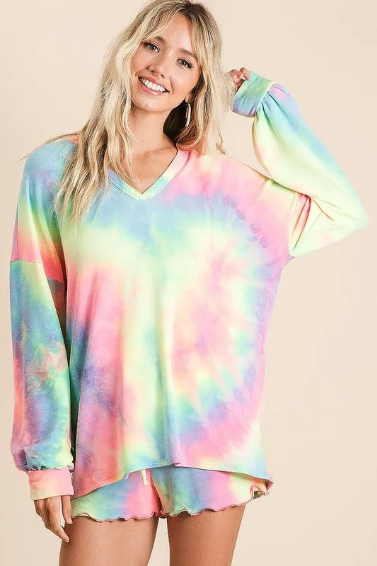 Tie Dye French Terry Top and Shorts Set in Pastel Tiedye for Women