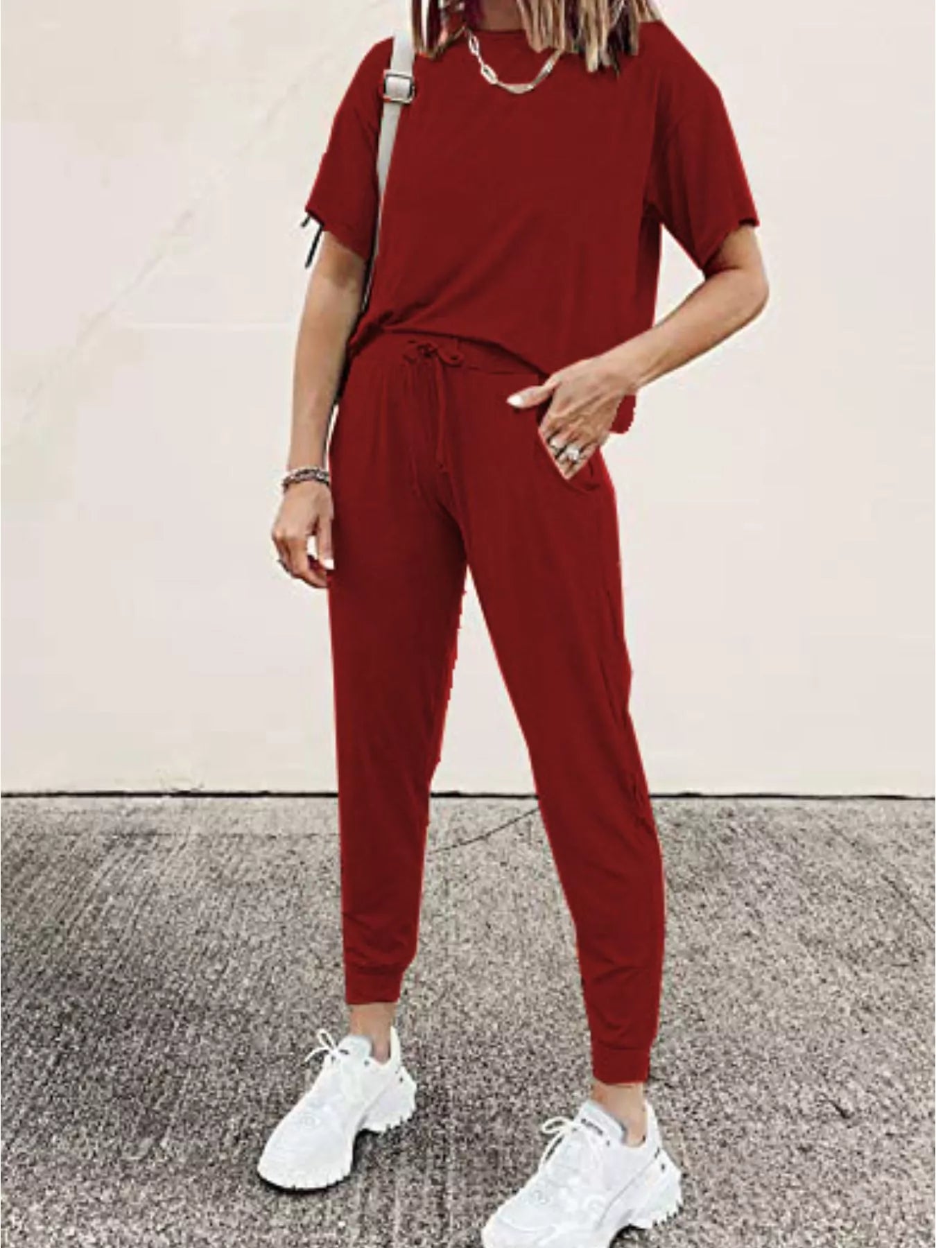 Round Neck Top and Drawstring Pants Set Plus Size in Apricot for Women