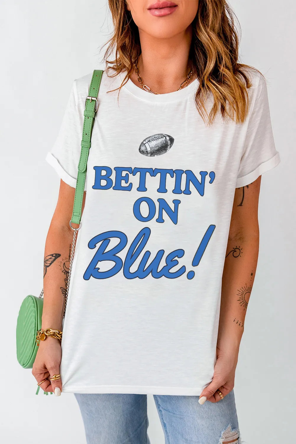 Letter Graphic Round Neck Short Sleeve T-Shirt in Peacock Blue for Women