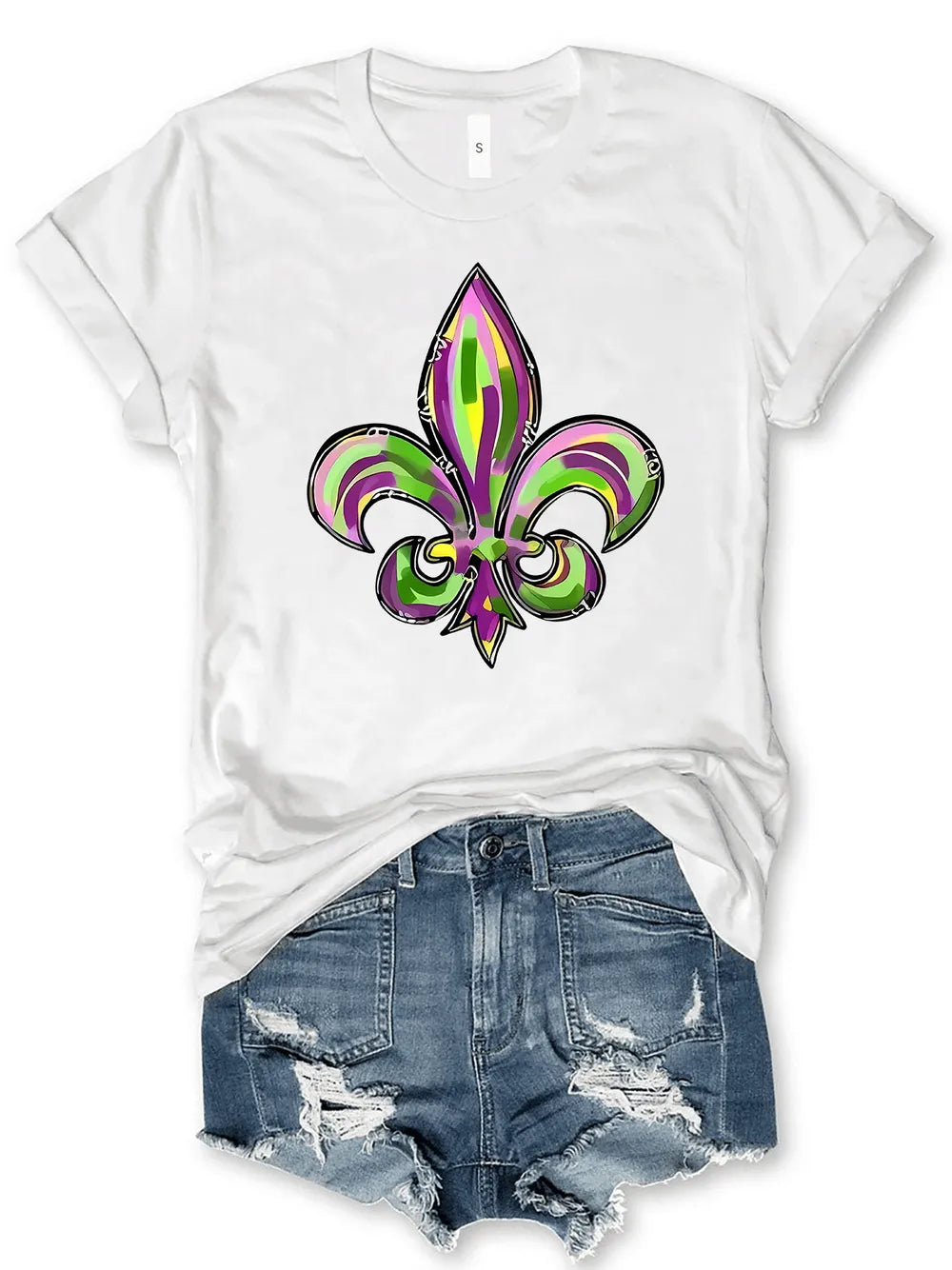 Mardi Gras Graphic Round Neck Short Sleeve T-Shirt in White for Women