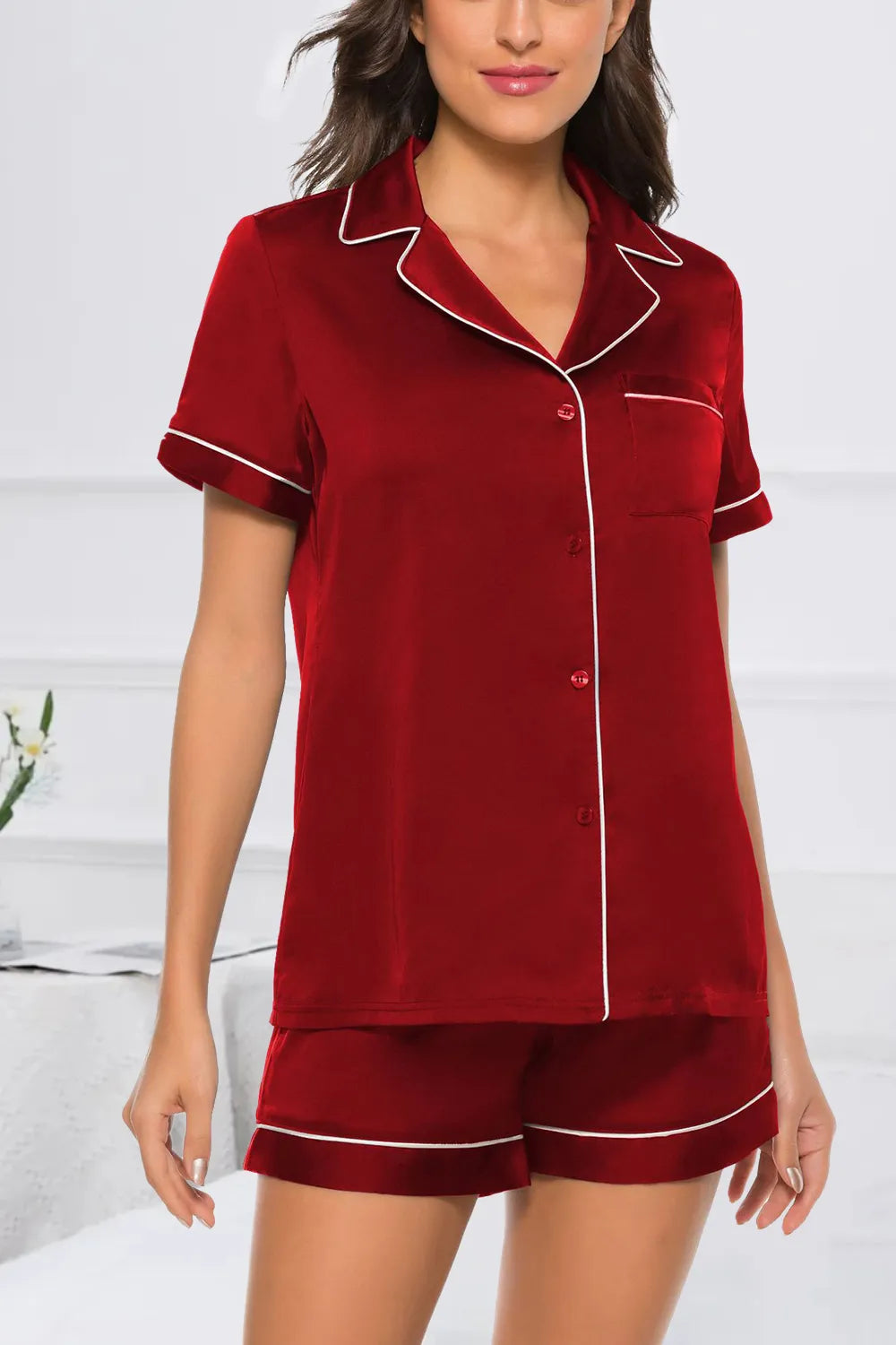 Printed Button Up Short Sleeve Top and Shorts Lounge Set in White for Women