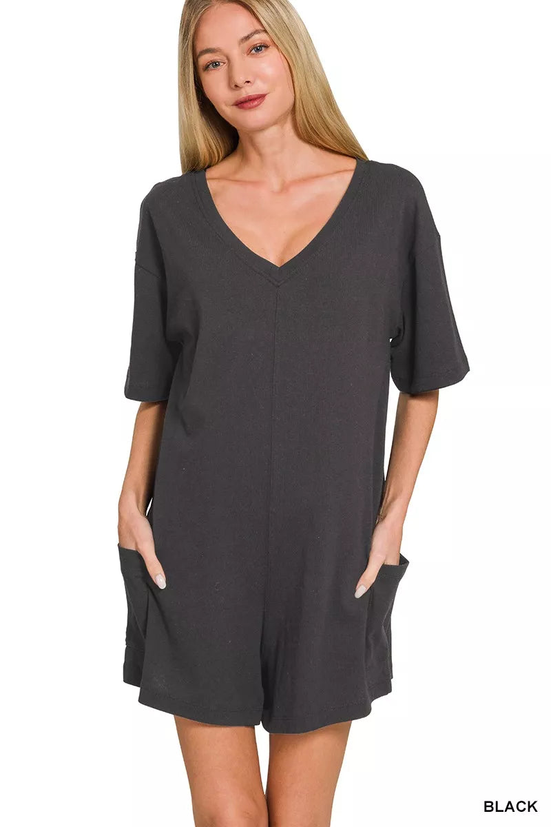V or Scoop Neck Reversible 2-Way Romper in Black for Women