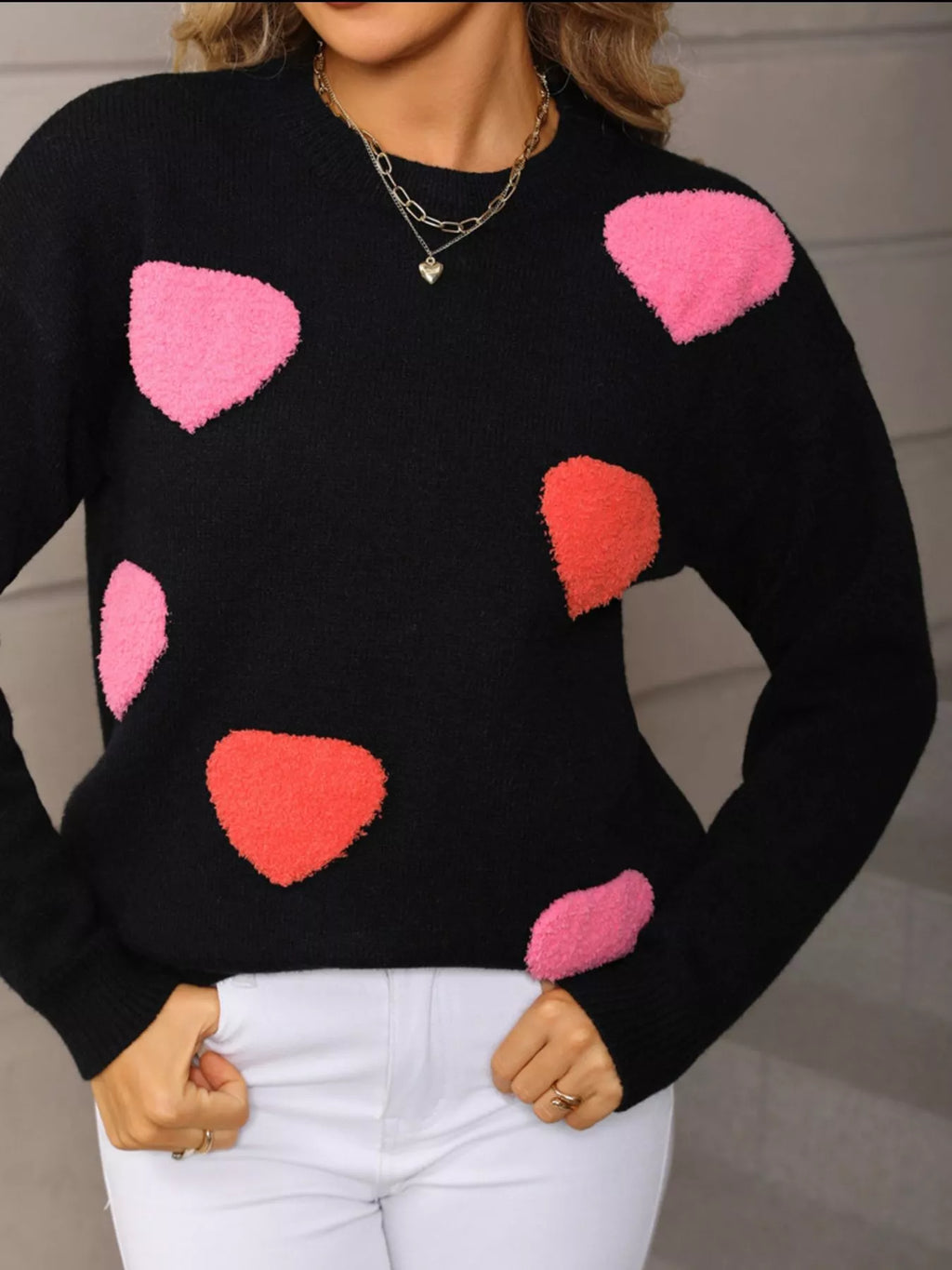 Valentines Day Heart Pattern Long Sleeve Sweater in Black for Women