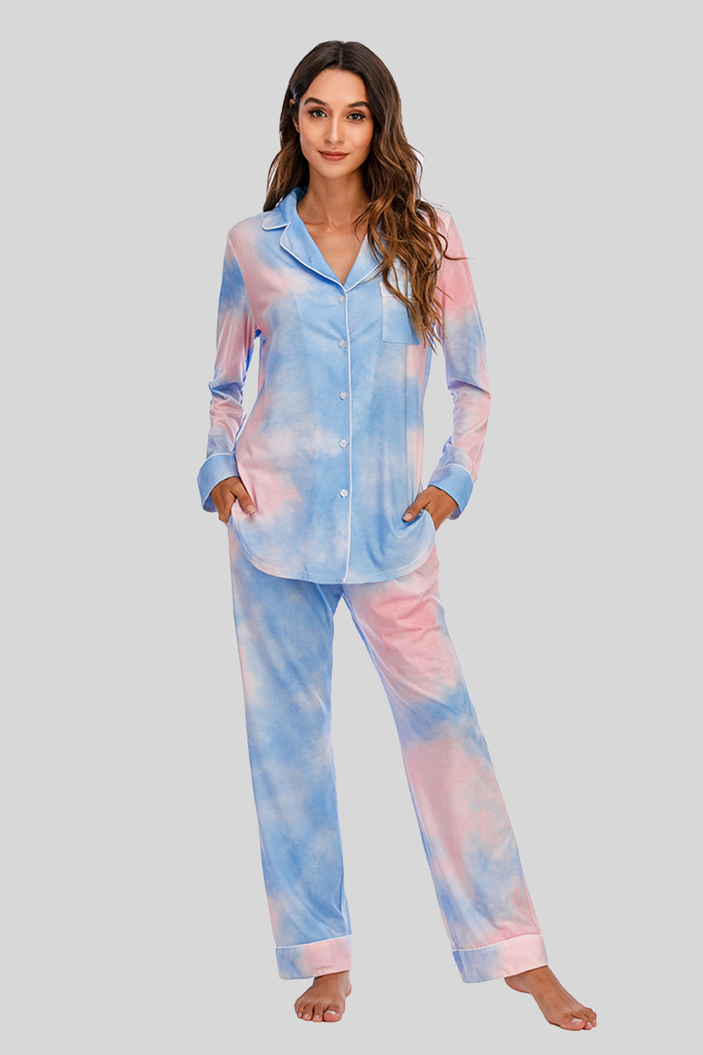 Collared Neck Long Sleeve Loungewear Set with Pockets in Peacock Blue for Women