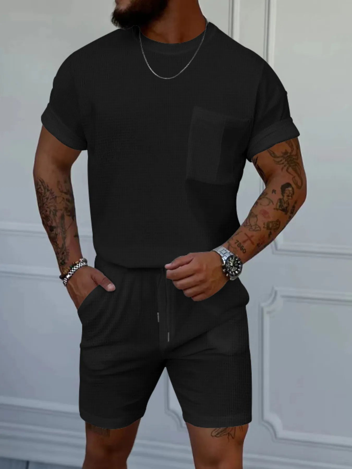 Round Neck Short Sleeve Top and Shorts Set Plus Size in Classic in White for Men