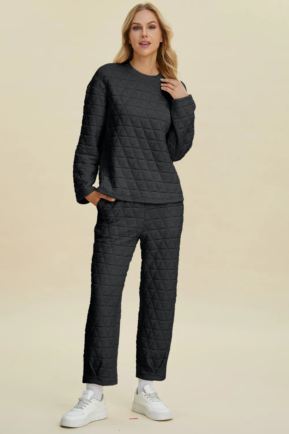 Plus Size Texture Round Neck Long Sleeve Top and Pants Set in Black for Women