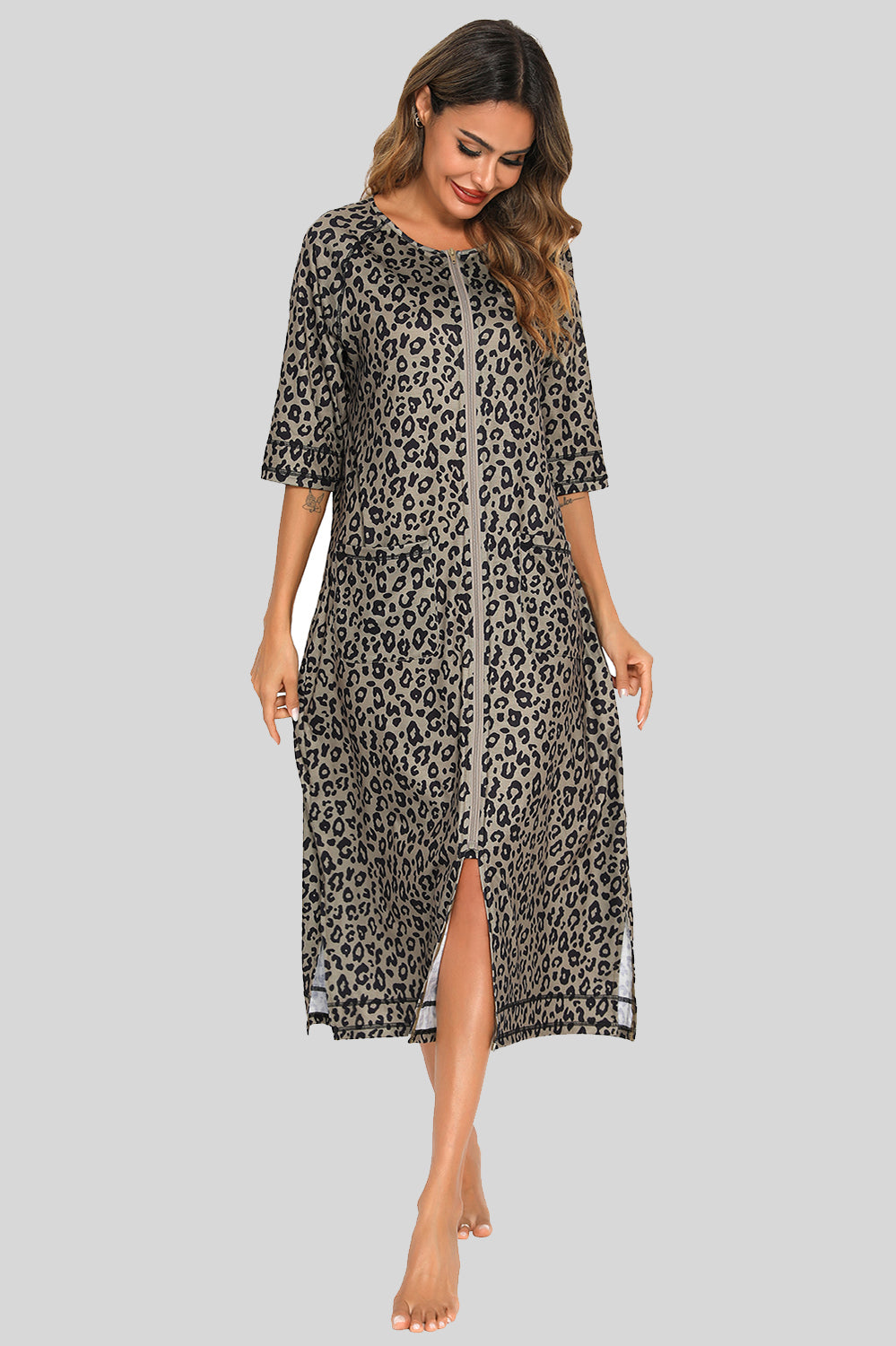 Printed Slit Night Dress with Pockets in Black for Women
