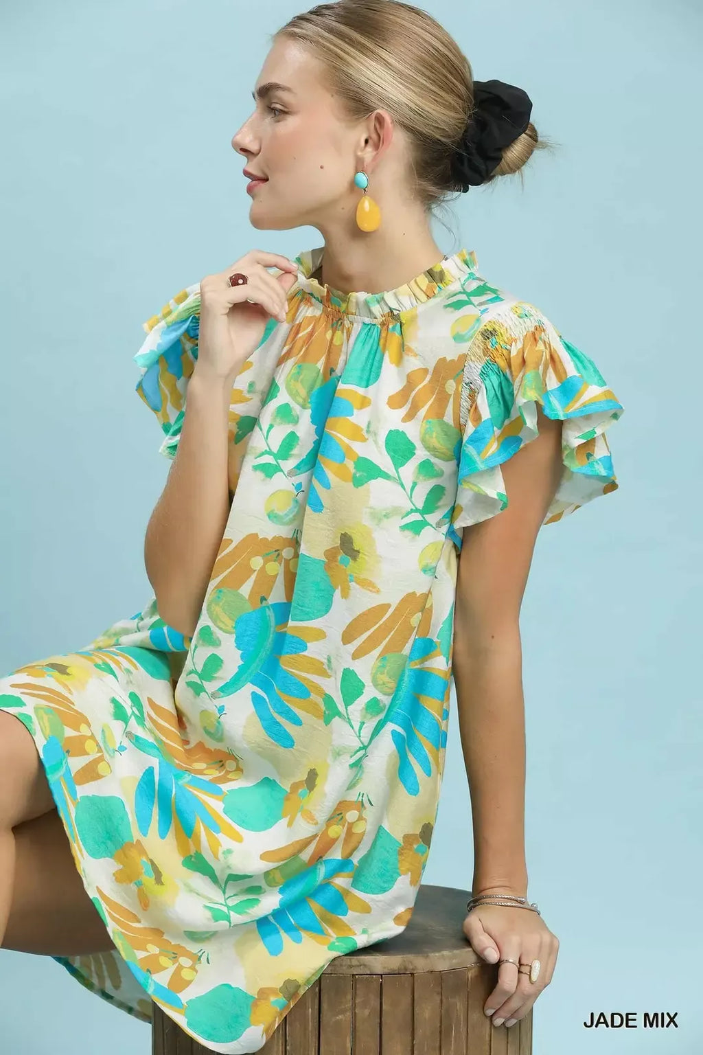 Ruffled Botanical Print Mini Dress in Jade Mix for Women