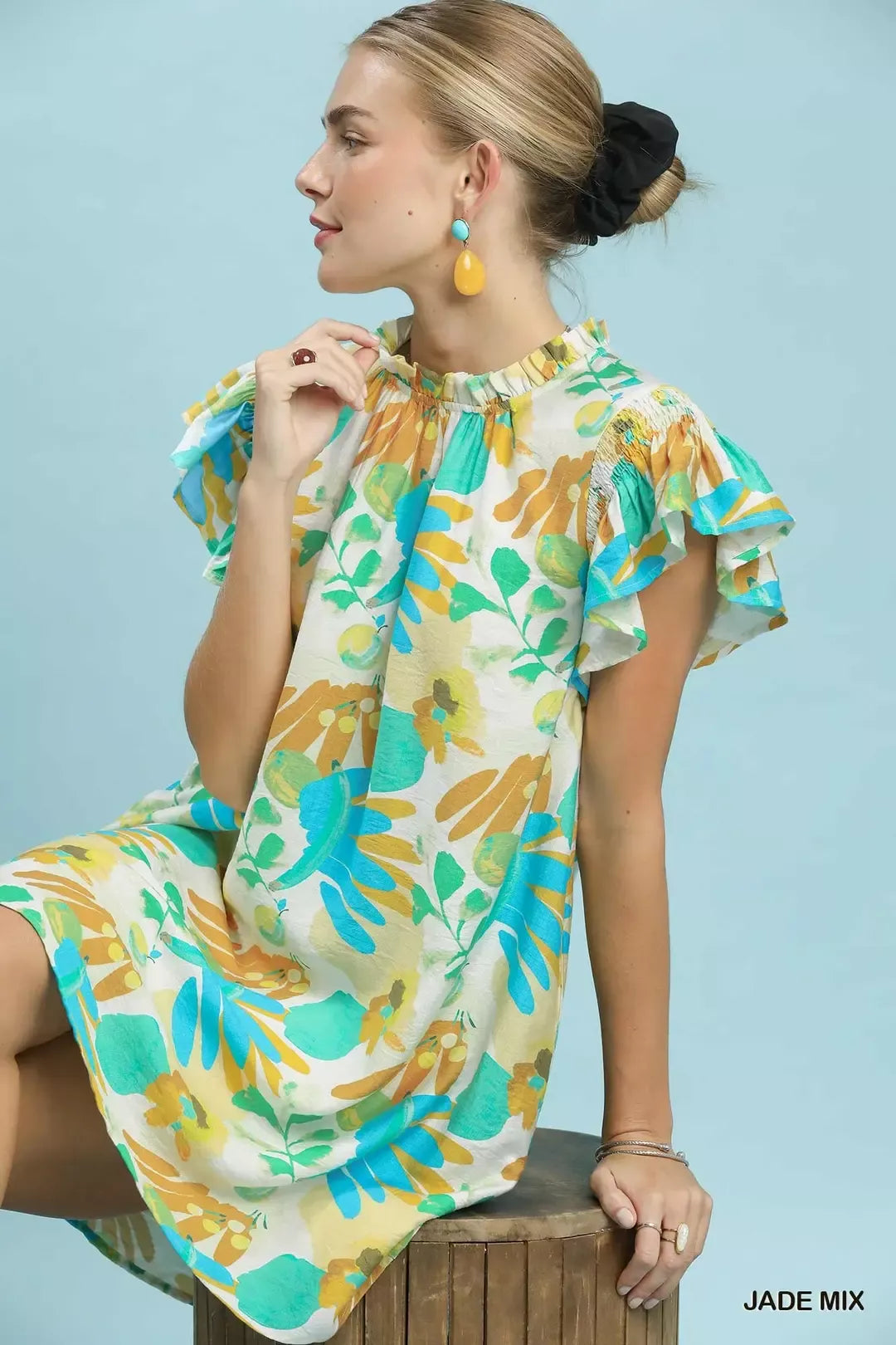Ruffled Botanical Print Mini Dress in Jade Mix for Women