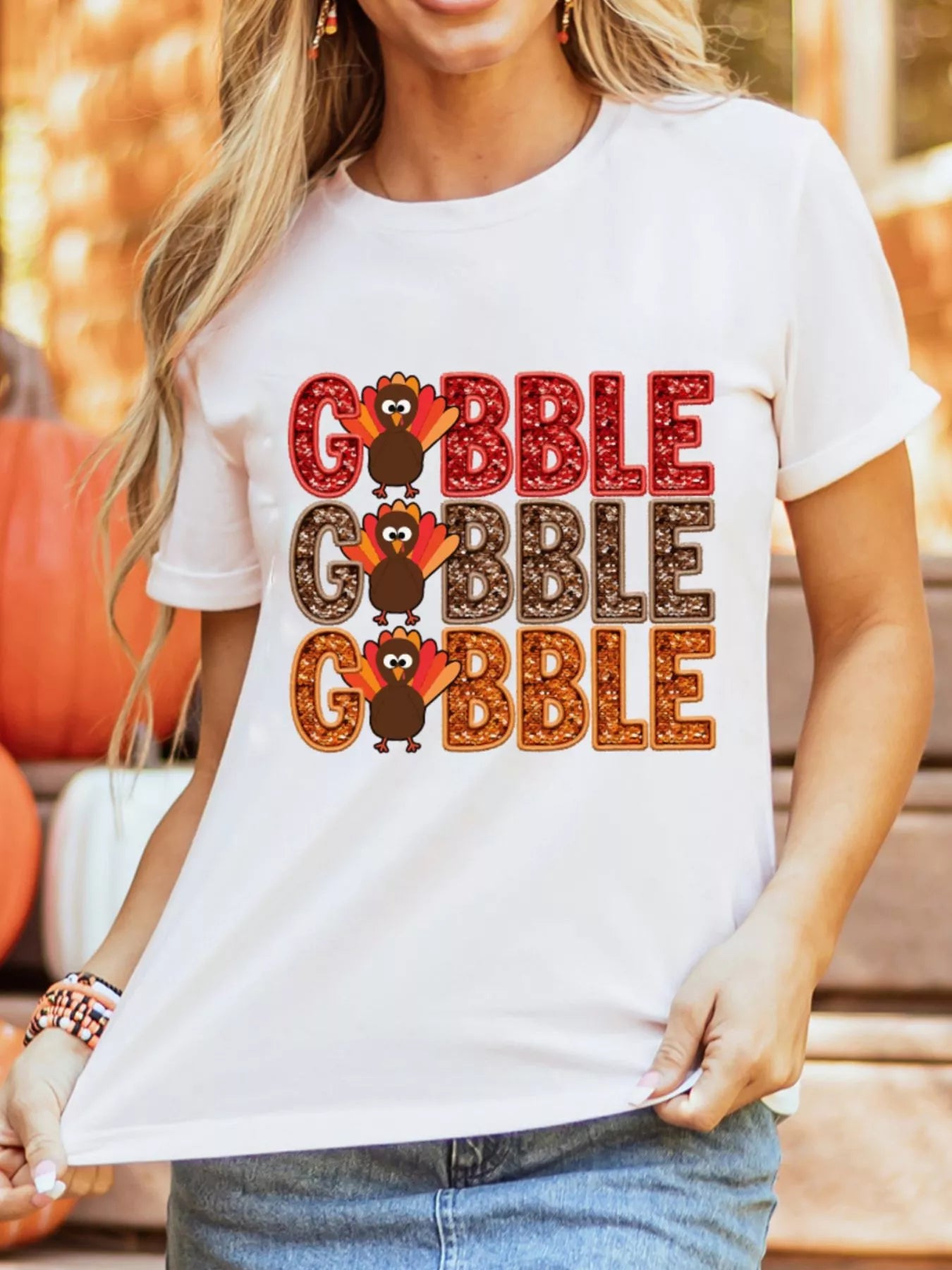 Gobble Thanksgiving Turkey Print T-Shirt in White for Women