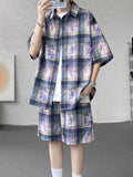 Plus Size Casual Plaid Print Shirt & Shorts Set in Purple for Men