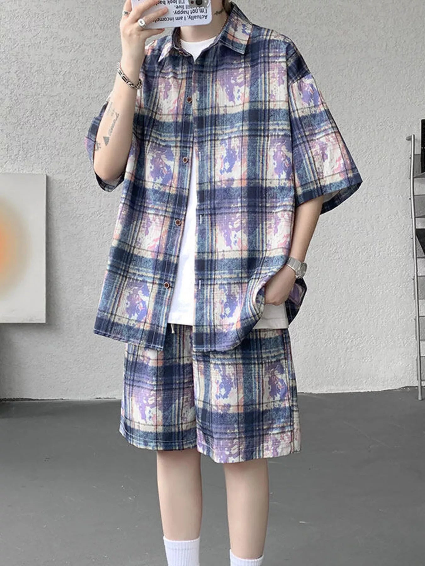 Plus Size Casual Plaid Print Shirt & Shorts Set in Purple for Men