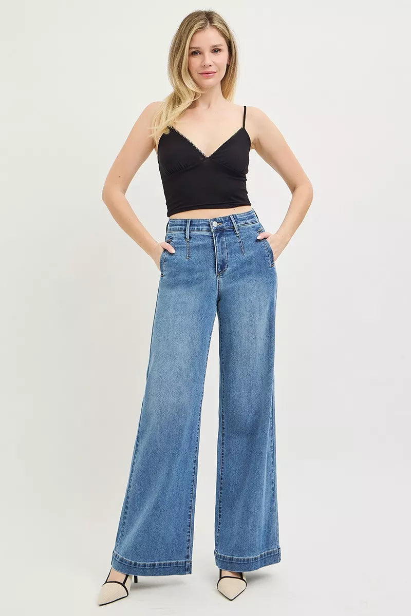 Tummy Control Elastic Band High Rise Wide Jeans in Medium for Women
