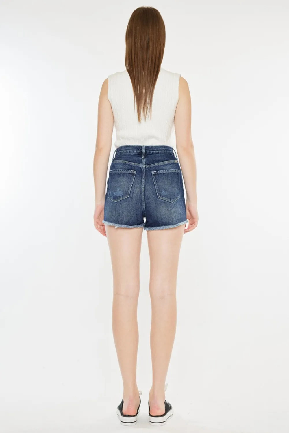 Raw Hem Button Fly Denim Shorts in Dark for Women