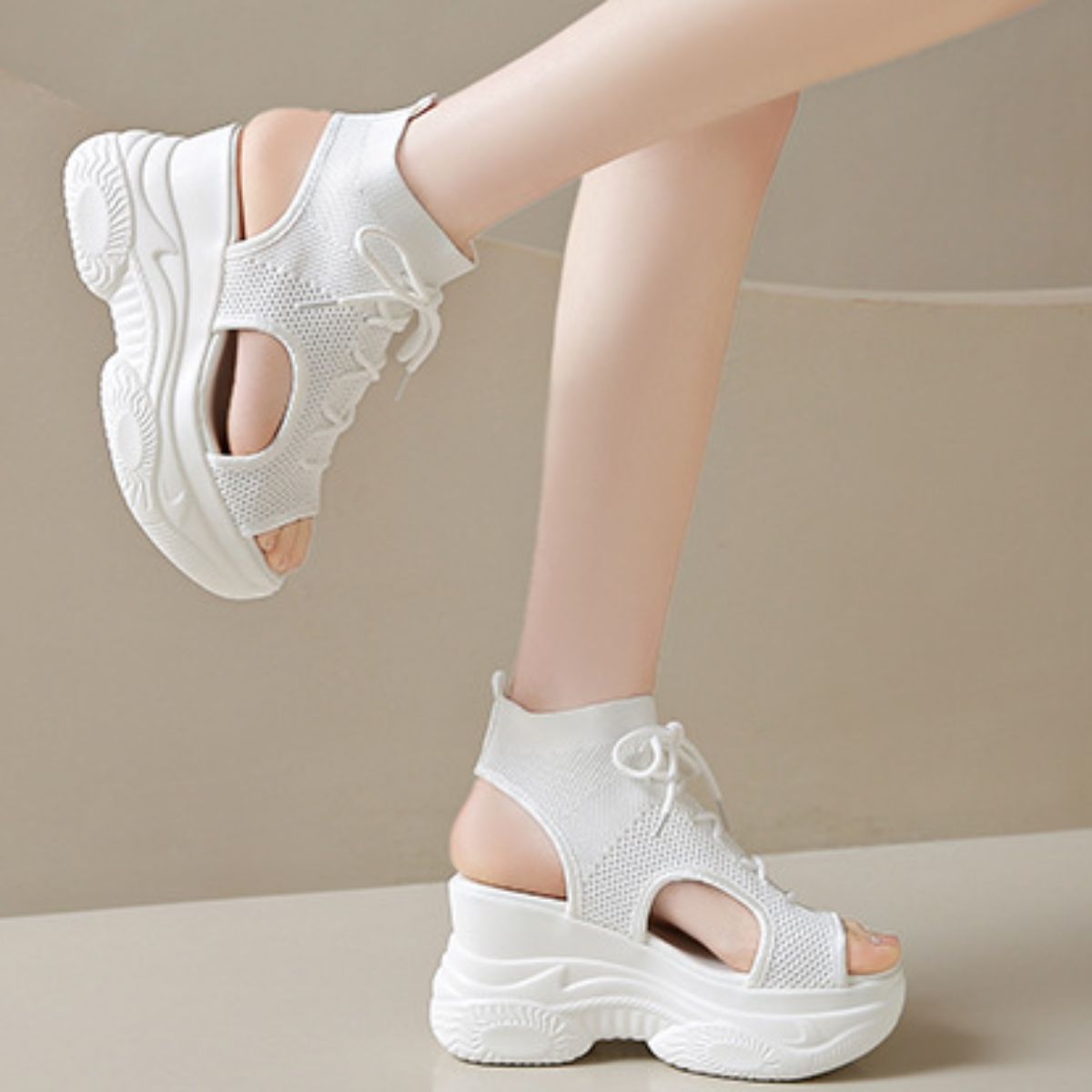 Cutout Mesh Wedge Sandals in White Lace for Women