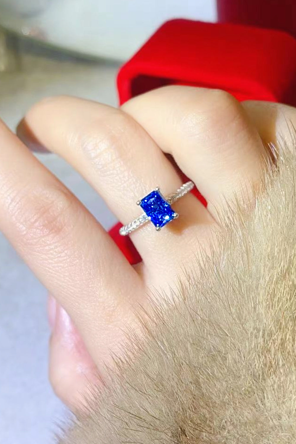 1 Carat Moissanite 925 Sterling Silver Rectangle Ring in Blue for Women